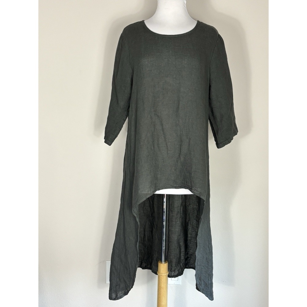 Meo Meli Italy Linen Gray Hi-Low Hem Shirt One Size Boho Coastal Beach Lagenlook
